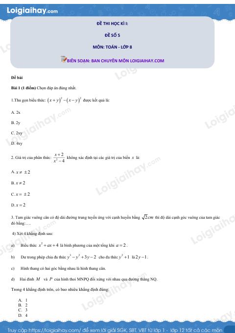Đề số 5 - Đề kiểm tra học kì 1 - Toán 8